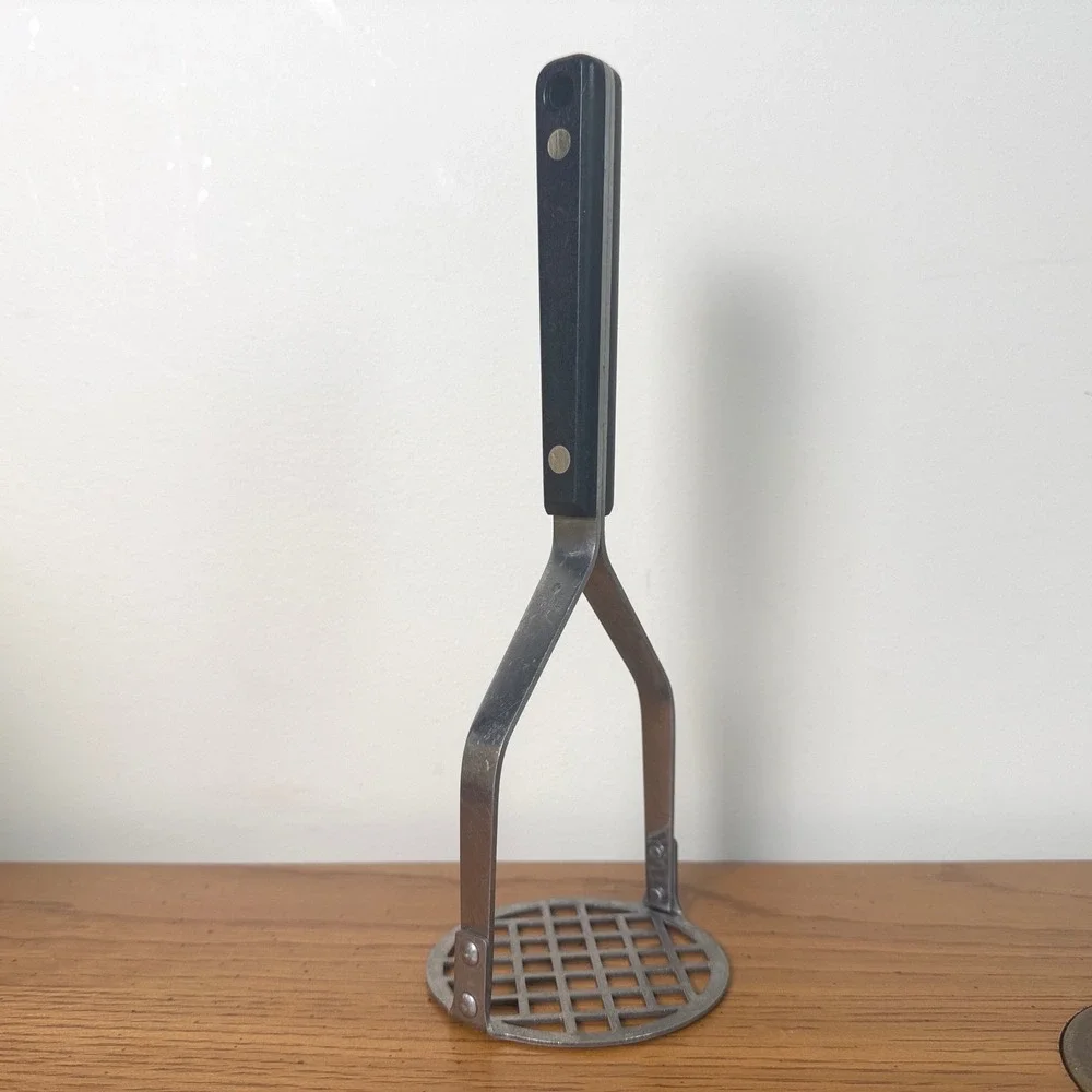 Vintage Flint Stainless‎ Steel Potato Masher Black Handle Made in USA